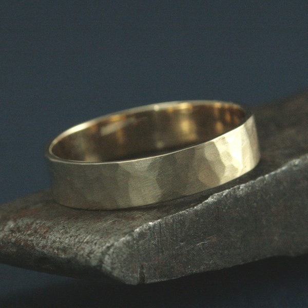 Gold Men's Ring 5mm Wide Band 14K Gold Hammered Band Men's Wedding Band Flat Band Rustic Ring Men's Gold Ring Gold Wedding Band Flat Ring