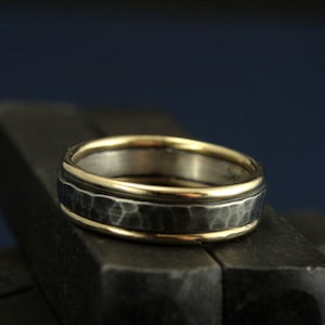 Mens Two Tone Band Mixed Metal Ring Rustic Mens Band 14K Gold and Silver Ring Two Tone 6mm Wide Band Gold Edged Ring Comfort Fit Paragon