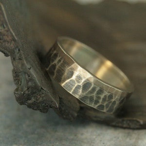 Bimetal Hammered Band Wedding Ring 14K Gold and Sterling Silver Flat 6.5mm Men&#39;s Wedding Band Rustic Wedding Ring Dark Heart Ring