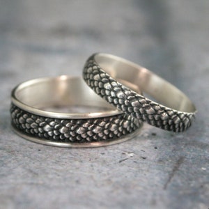 Skyrim Inspired Wedding Ring Set His and Hers Wedding Bands Dragon Scale Rings Snakeskin Wedding Band Set Sterling Silver Gamer Rings