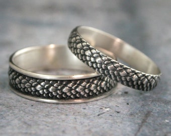 Skyrim Inspired Wedding Ring Set His and Hers Wedding Bands Dragon Scale Rings Snakeskin Wedding Band Set Sterling Silver Gamer Rings