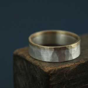 Two Tone Wedding Band Rustic Wedding Band 6.5mm Wide Band Gold & Silver Ring Two Tone Ring Hammered Ring Men&#39;s Two Tone Wedding Ring