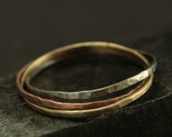 14K Gold Rolling Ring Thin Hammered Bands Tricolor Rolling Ring Thin Gold Rings Hammered Stacking Rings Triple Ring Interlocking Rings