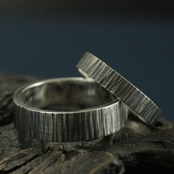Rustic Wedding Band Set - Bark Wedding Rings - Wood Textured Rings - Silver Wedding Band Set - Bark Textured Bands - Rustic Wedding Ring Set