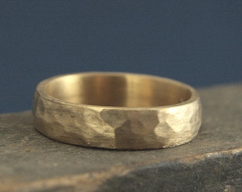 Hammered Gold Wedding Band Perfect Hammered 5mm Band Solid 14K Gold Men&#39;s Wedding Ring Rustic Band Your Choice of Gold Color Rustic Ring