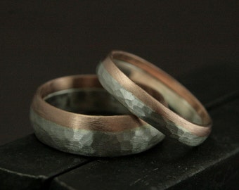 Living on the Edge Wedding Set 14K Hammered Rose Gold Edged Wedding Bands Unique His and Hers Wedding Rings Rustic Wedding Bands Mixed Metal