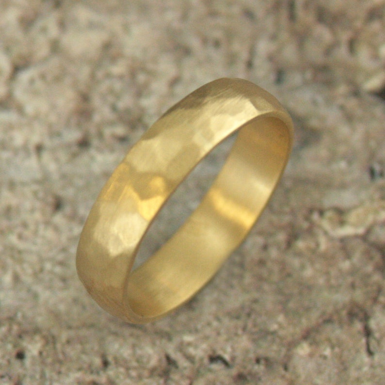 18K Gold Men's Wedding Ring 5mm Wide Gold Hammered Band Brushed Matte Hammered Ring Rustic Men's Wedding Band Solid Gold Ring Blazer Arts image 2
