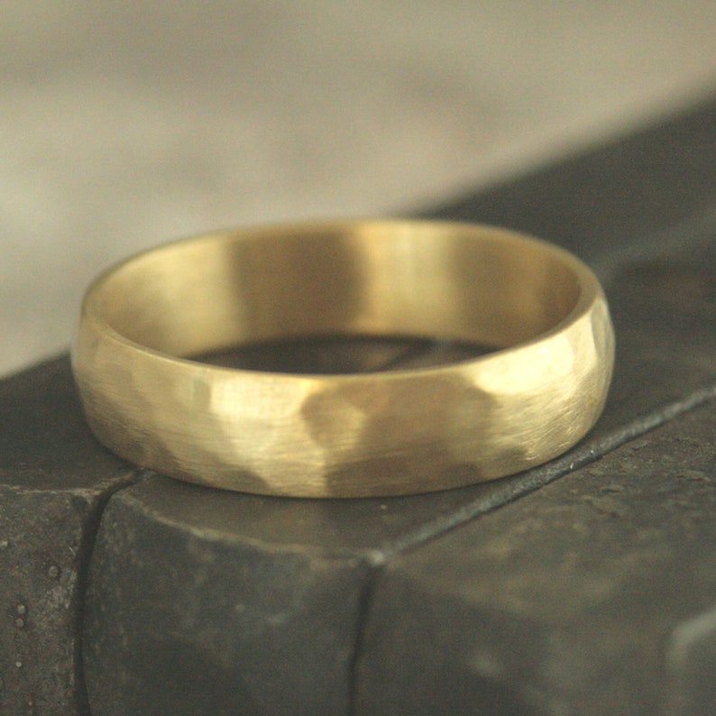 18K Gold Men's Wedding Ring 5mm Wide Gold Hammered Band Brushed Matte Hammered Ring Rustic Men's Wedding Band Solid Gold Ring Blazer Arts image 3