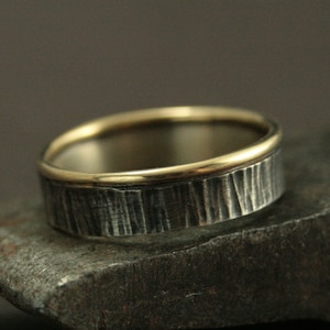Bark Textured Wedding Ring - The Forest Sentry Band - Men&#39;s Wedding Band - Tree Bark Ring - Twig Ring - Bimetal Band - Rustic Wedding Band