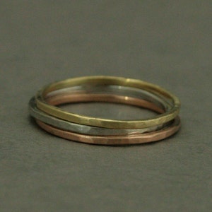 Solid 14K Gold Hammered Super Stack Ring--Set of 3 Tri Color Gold Bands--1mm Square Thin Solid Gold Bands--Hand Made with Hammered Finish