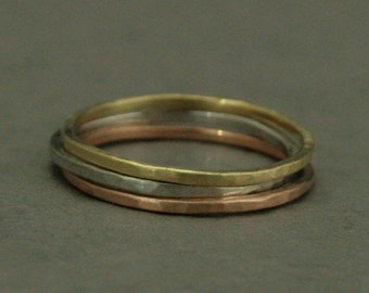 Solid 14K Gold Hammered Super Stack Ring--Set of 3 Tri Color Gold Bands--1mm Square Thin Solid Gold Bands--Hand Made with Hammered Finish