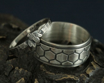 Bee Rings--Honey Bee Mine Silver Wedding Set--Bumble Bee Band--Honey Bee Ring--Helix Ring--Honeycomb Ring--His and Hers Rings--Promise Rings