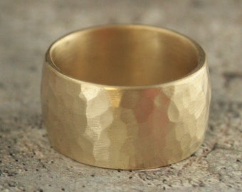 WIDE Gold Band 12mm Solid Gold Ring Wide Hammered Band Men's Rustic Gold Ring Wide Cigar Band Handmade Perfect Hammered Band 14K Gold Band