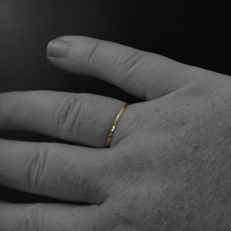 14K Gold 1mm Thin Hammered Ring Handmade Solid Gold Midi Ring Women's Gold Wedding Band Facetted Gold Ring Spacer Band Super Skinny Minnie image 5