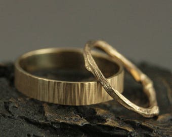 Gold Wedding Set~Branch Wedding Bands~His and Hers Wedding Rings~Woodland Wedding Set~Gold Twig Ring~Gold Bark Ring~Rustic Wedding Bands