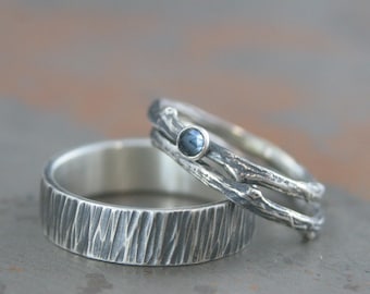 Conjunto de Anéis de Casamento em Prata de Lei com Anel de Galho e Aliança de Casca de Safira do Arizona