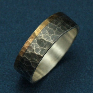 Hammered Ring--The Dark Heart Band--Men&#39;s 14K Gold and Silver Ring--Bimetal Wedding Band-Flat Two Tone Ring-Oxidized Silver Ring-Rustic Band