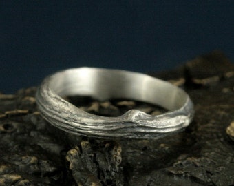 Branch Band Wide Half Round Bark Textured Men's Wedding Band Men's Silver Twig Band Substantial Branch Ring Bark Band Tree Ring