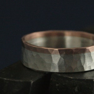 Hammered Two Tone Band Bimetal Wedding Ring Flat Two Tone Ring Rustic Wedding Band Hammered Ring-Custom Made to Size Your Choice of Gold