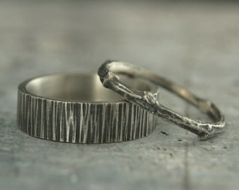 Bark Rings Hammered Bands REAL Cast Twig Ring Rustic Wedding Set His and Hers Rings Silver Wedding Bands Woodland Wedding Branch Rings