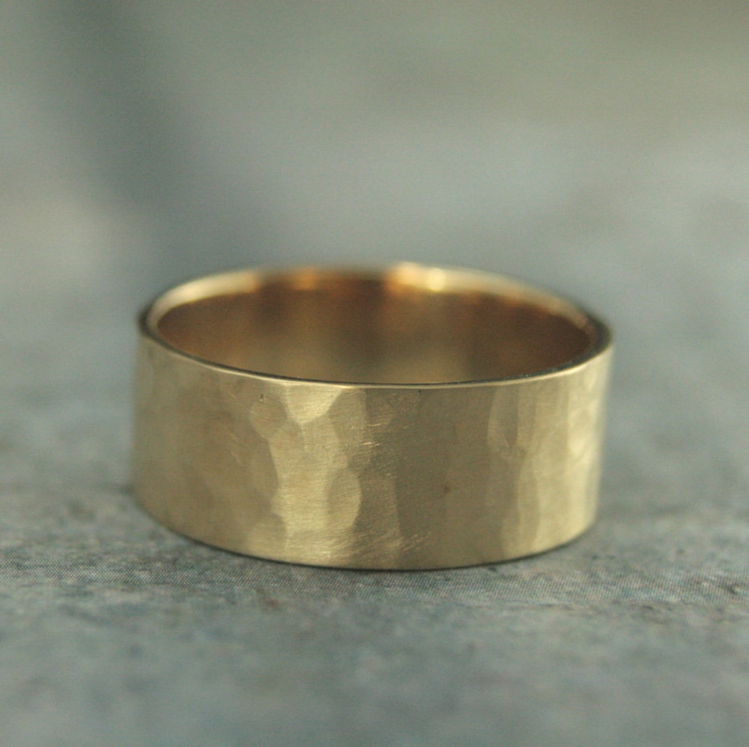 14K 8mm Band Men's Gold Ring Flat Band Hammered Gold Band Etsy