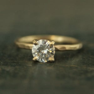 Hammered Solitaire Ring 14K Gold Solitaire Four Prong Setting Handmade Shank Brushed Matte Finish Moissanite Engagement Ring Gold Solitaire