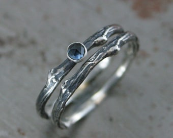 Anel de prata com safira, conjunto de noivado com galhos, alianças alternativas para casamento, anéis de safira lapidada em rosa de Montana, anéis de explorador, anéis para amantes de parques nacionais e da natureza.