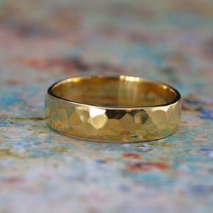 22K Gold Men's Wedding Ring 5mm Wide Gold Hammered Band Brushed Matte Hammered Ring Rustic Men's Wedding Band Solid 22K Gold Ring High Polished