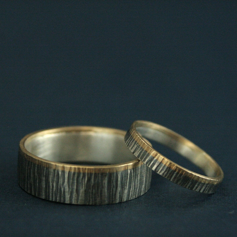 Nature Ring Set Tree Rings His and Hers Set Gold Silver Rings Tree Bark Bands Rustic Wedding Rings Two Tone Bands Oak Rings Outdoors Bands image 5