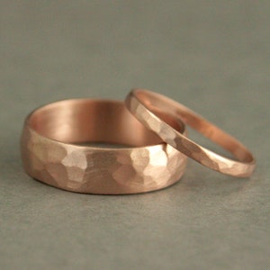 Rose Gold Wedding Band Set His and Hers Wedding Rings Hammered Rose Gold Bands Perfect Pair Rose Gold Wedding Rings 6mm Band 2mm Ring