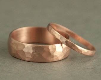 Rose Gold Wedding Band Set His and Hers Wedding Rings Hammered Rose Gold Bands Perfect Pair Rose Gold Wedding Rings 6mm Band 2mm Ring