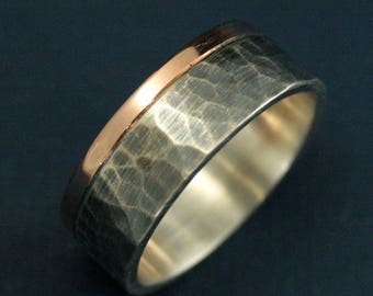 8mm Wide Men's Band--Hammered Band--Two Tone Band--Rustic Ring--Rustic Band--Rustic Wedding Ring--Oxidized Band--Men's Band--Men's Ring