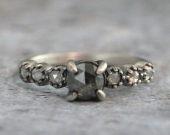 Rose Cut Diamond Engagement Ring Sterling Silver Oxidized and Brushed Rough Diamond Ring Rustic Diamond Ring Grey Rose Cut Diamond Accented