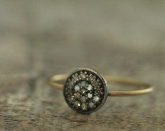 Diamond Shield Ring Oxidized Silver and 14K Yellow Gold Diamond Cluster Ring Pave Diamond Ring Circle Diamond Ring Minimalist Diamond Ring