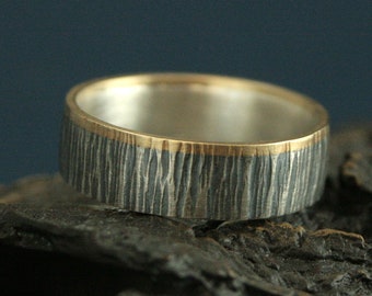 Band 7mm Wedding Ring Mens Wedding Band Oak Ring Gold and Silver Band Two Tone Ring Tree Bark Band Grooms Ring Rustic Band Outdoor Ring