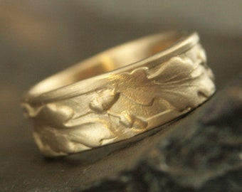 Men's Gold Wedding Band Oak Ring Acorns Solid Gold Rustic Wedding Ring Nature Lovers Ring Men's Gold Ring Hand Cast Blazer Arts Exclusive