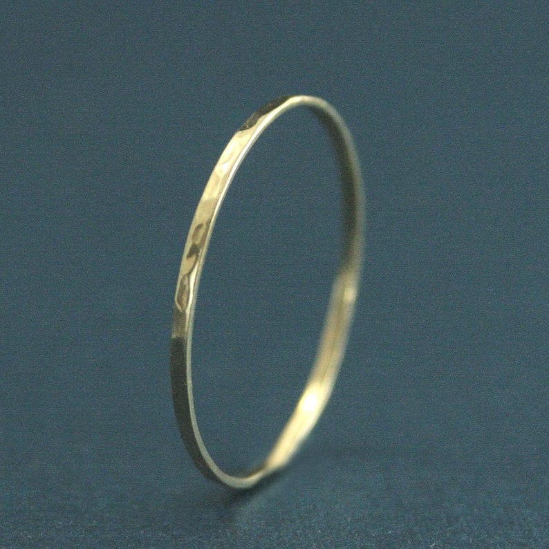 14K Gold 1mm Thin Hammered Ring Handmade Solid Gold Midi Ring Women's Gold Wedding Band Facetted Gold Ring Spacer Band Super Skinny Minnie image 3