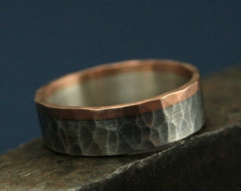 Rose Gold and Silver Ring--The Dark Heart Band--Hammered Band--Bimetal Wedding Ring--Flat Two Tone Band--Rustic Wedding Ring-Oxidized Silver