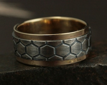 Men's Two Tone Ring Genus Apis Ring Men's Wedding Band Honeycomb Ring Wide Mens Band Bee Hive Ring DNA Ring Helix Band Bee Ring Beehive Ring