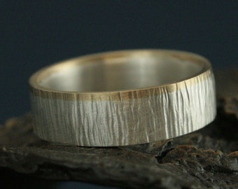 Band Two Tone Bark Ring Mens Wedding Band Gold and Silver Ring Outdoors Band Rugged Wedding Ring Rustic Two Tone Band Tree Ring 7mm Band