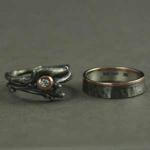 Conjunto de casamento Conjunto de alianças Conjunto de alianças Conjunto de casamento rústico Anéis de galho Anéis de galho Diamante Noivado Banda martelada Ouro rosa Prata