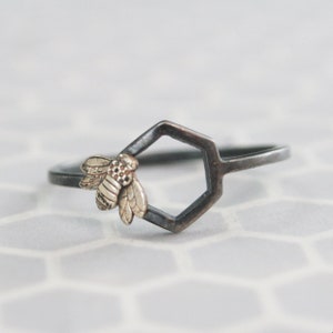 Honeybee and Comb Ring Hexagonal Ring Bee Ring Solid 14K Gold and Silver Oxidized Black Silver Hexagon Honey Comb Cell and Bumble Bee Ring