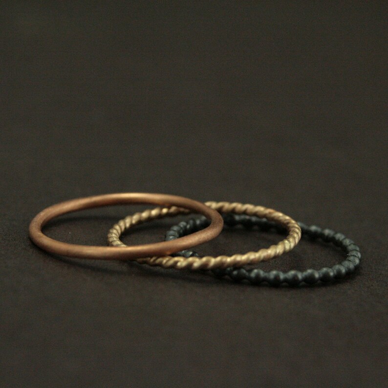 Gold and Silver Textured Stacking Ring Set-14K Gold and Sterling Silver Stackers with Twist /& Beaded Band-Three Stacking Bands Hammered