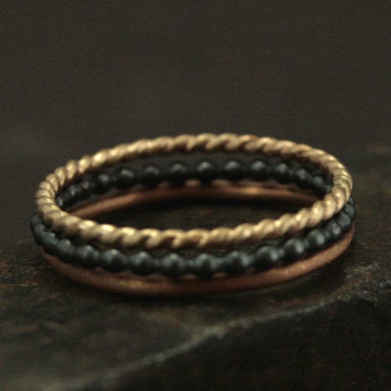 Gold and Silver Textured Stacking Ring Set-14K Gold and Sterling Silver Stackers with Twist /& Beaded Band-Three Stacking Bands Hammered