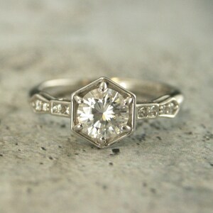 Hexagon Engagement Ring Moissanite Solitaire Diamond Accents Solid 14K Gold Honey Bee Ring Honey Cell Solitaire Gold Engagement Ring
