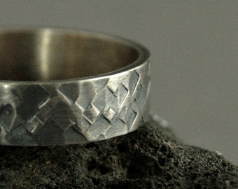 Silver Hammered Band Peaks of Zion Rustic Men's Ring Sterling Silver Men's Wedding Band for Him 6mm Wide Hammered Ring Brutalist Ring