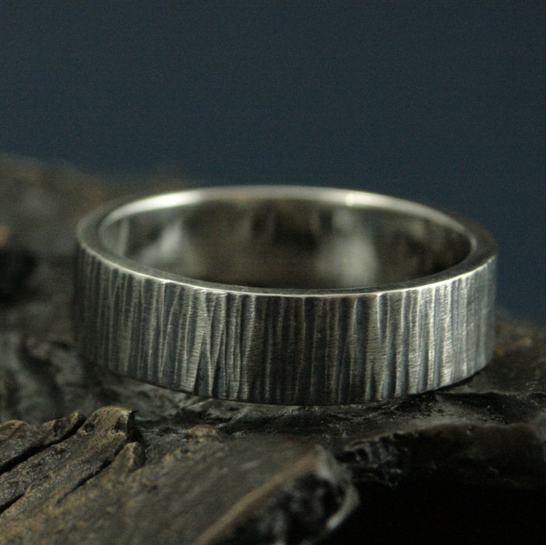 Rustic Wedding Band Tree Bark Ring Wood Textured Band Men's Rustic Ring Bark Textured Ring 6mm Wide Bark Band Silver Bark Band image 3