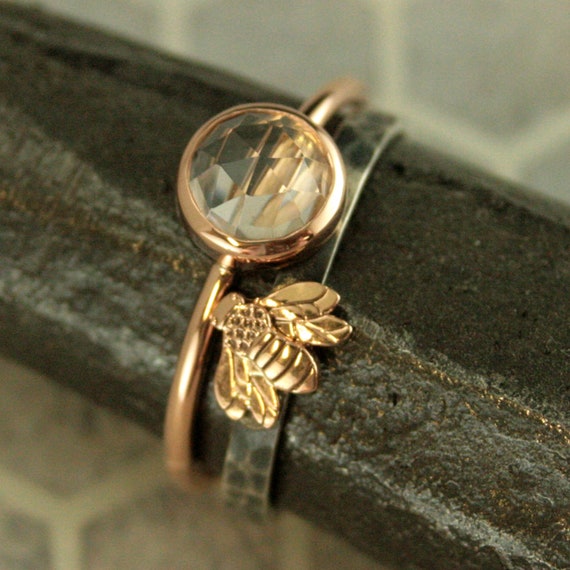 Bee Ring White Topaz Ring Rose Gold 