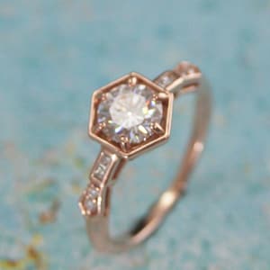 Rose Gold Hexagon Engagement Ring Moissanite Solitaire Diamond Accents Solid Gold Honey Bee Ring Honey Cell Solitaire Gold Engagement Ring