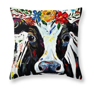Decorative Throw Pillow From My Original Bossy Cow Colorful Art Painting